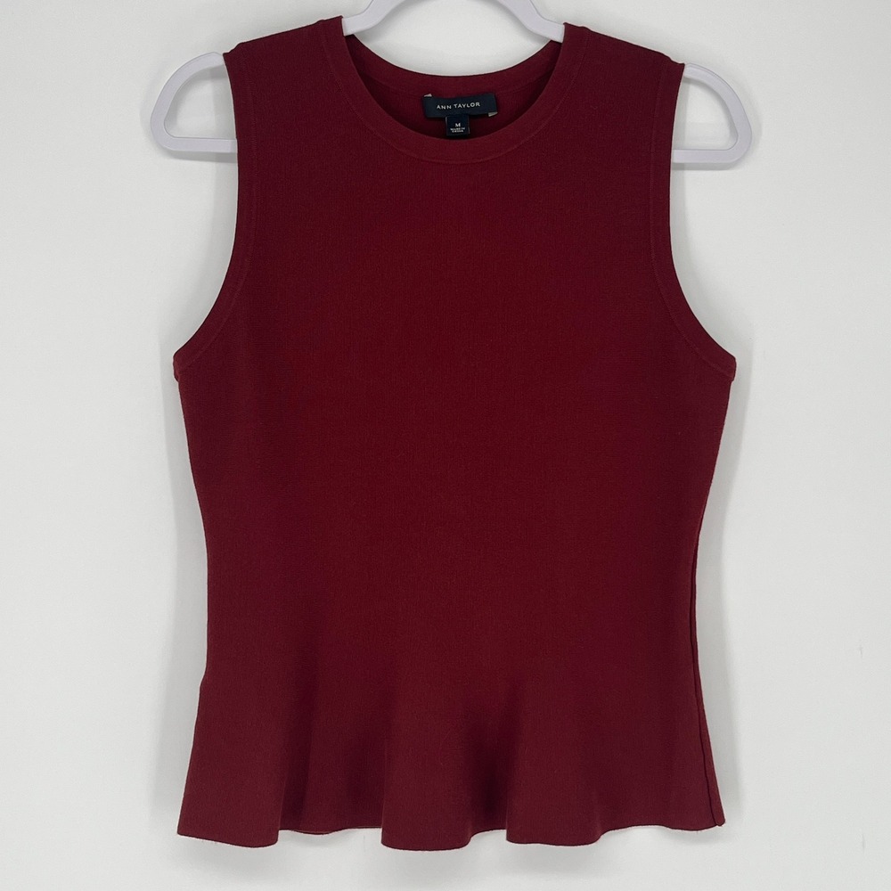 Ann Taylor Burgundy Sweater Tank Peplum Top Sleeveless Business Casual Office M - Picture 2 of 7